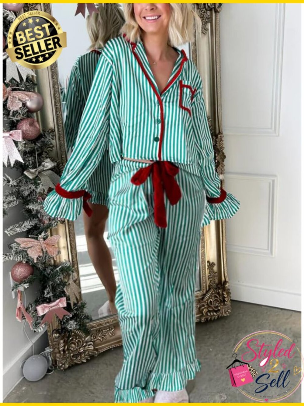 Cute Christmas Bow Tie Pajama Set Women Satin Long Sleeve 2 Piece Sleepwear - Picture 3 of 5